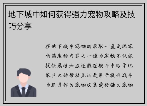 地下城中如何获得强力宠物攻略及技巧分享