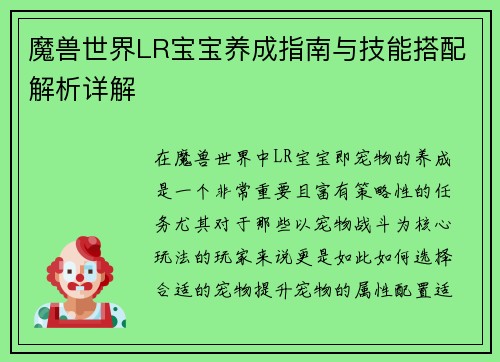 魔兽世界LR宝宝养成指南与技能搭配解析详解